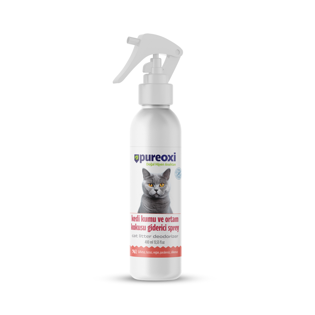 PureOxi kedi kumu ve ortam kokusu giderici, kedinizin tuvalet alanını ferah ve temiz tutarak hoş bir ortam sağlar!